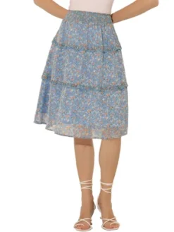 Allegra K Women's Floral Print Smocked Elastic Waist Knee Length Flowy Tiered Ruffle Skirt -Allegra K GUEST 1bea181f 0175 4aef a2da 3985fe76b75c