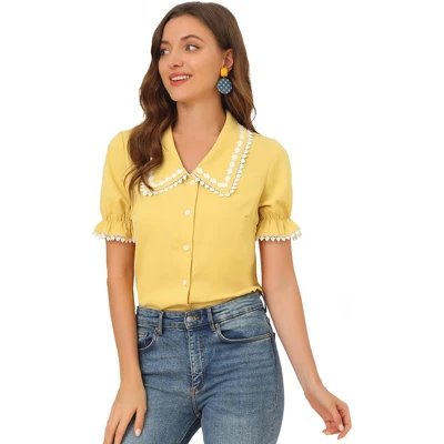 Allegra K Women's Sweet Peter Pan Contrast Collar Short Sleeves Button Up Blouse Tops 1 Allegra K Women's Sweet Peter Pan Contrast Collar Short Sleeves Button Up Blouse Tops