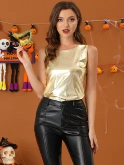 Allegra K Women's U Neck Stretchy Slim Fit Shiny Sparkly Metallic Tank Top