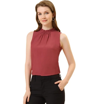 Allegra K Women's Sleeveless Frill Mock Neck Ruffle Chambray Blouse 5 Allegra K Women's Sleeveless Frill Mock Neck Ruffle Chambray Blouse - Image 5