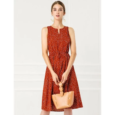 Allegra K Women's Floral Printed Split Neck Drawstring Waist Sleeveless A-Line Midi Dress 2 Allegra K Women's Floral Printed Split Neck Drawstring Waist Sleeveless A-Line Midi Dress - Image 2