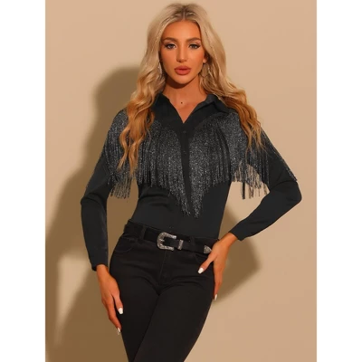 Allegra K Women's Fringe Blouse Long Sleeve Button Down Disco Party Shirts 2 Allegra K Women's Fringe Blouse Long Sleeve Button Down Disco Party Shirts - Image 2