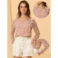 Allegra K Women's Square Neck Floral Blouse Ruffle Casual Long Sleeve Top
