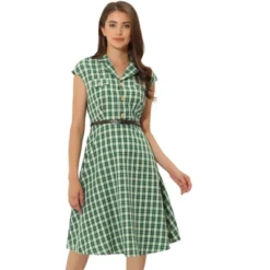 Allegra K Women's Retro Button Front Belted Cap Sleeve A-line Plaid Dress -Allegra K GUEST 1e61e7d1 9cab 45fe a5ea f7cc643e8207