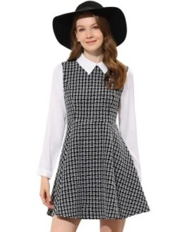 Allegra K Women's Elegant Plaid Tweed Contrast Lapel Collar Long Sleeve A-line Dress -Allegra K GUEST 1eea07d9 d3a2 4b0f ba2f b1084449970e