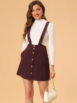 Allegra K Women's Corduroy Overall Dress A-line Decor Button Front Suspender Skirt