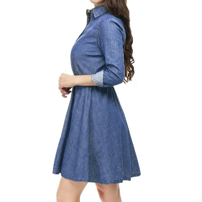 Allegra K Women's Button Down Belted Pleated Flare A-line Denim Shirt Dress 2 Allegra K Women's Button Down Belted Pleated Flare A-line Denim Shirt Dress - Image 2