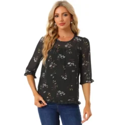 Allegra K Women's Casual Round Neck Ruffle 3/4 Sleeve Floral Print Chiffon Blouse -Allegra K GUEST 209242fa 38bc 4111 b4d5 172019cd04ef