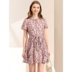 Allegra K Women's Floral Asymmetrical Layered Pleated Neck Short Flare Sleeve Dress