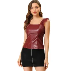 Allegra K Women's Lace Trim Party Faux Leather PU Tank Top -Allegra K GUEST 229dce5e 8f78 404b 905b 63c429f6435c