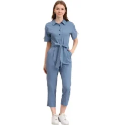 Allegra K Women's Short Sleeve Collared Cropped Coverall Button Down Tie Waist Cotton Cargo Jumpsuit -Allegra K GUEST 22ad90ee becd 44ca 9a6b 35f967d5c80d