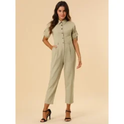 Allegra K Women's Short Sleeve Collared Cropped Coverall Button Down Tie Waist Cotton Cargo Jumpsuit -Allegra K GUEST 22af193f 1976 4622 90a8 0612d1adeba7