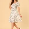 Allegra K Women's Floral Square Neck Midi Smocked A-line Dress