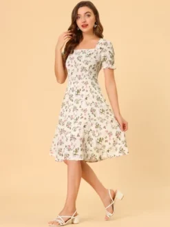 Allegra K 7 Allegra K Women's Floral Square Neck Midi Smocked A-line Dress
