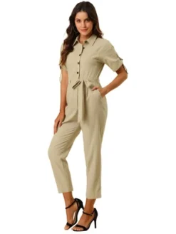 Allegra K Women's Short Sleeve Collared Cropped Coverall Button Down Tie Waist Cotton Cargo Jumpsuit -Allegra K GUEST 2352445e 72d1 4ec1 bfbd 633e887514ad