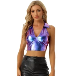Allegra K Women's Shimmering Shiny Party Holographic Crop Metallic Halter Top -Allegra K GUEST 23b048a3 02cc 44da 87a0 f8836a45431c