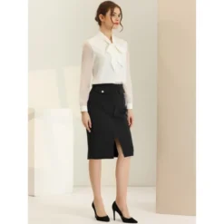 Allegra K Women's Belted Split Hem Knee Length Work Business Pencil Skirt