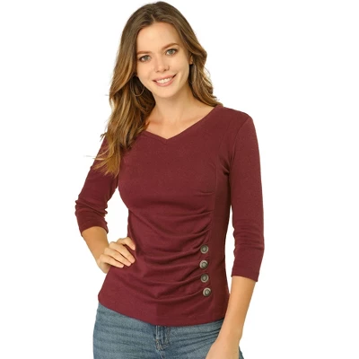Allegra K Women's V Neck 3/4 Sleeves Solid Knitted Buttons Decor Ruched Blouse 7 Allegra K Women's V Neck 3/4 Sleeves Solid Knitted Buttons Decor Ruched Blouse - Image 7