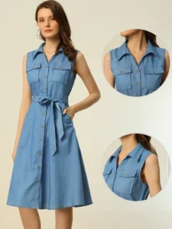 Allegra K Women's Chambray Tie Waist Button Front A-Line Dress