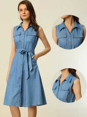 Allegra K Women's Chambray Tie Waist Button Front A-Line Dress 1 Allegra K Women's Chambray Tie Waist Button Front A-Line Dress