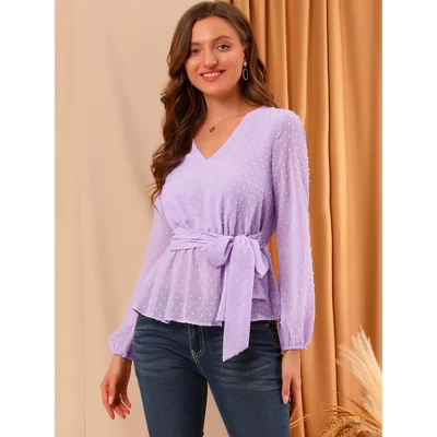 Allegra K Women's Swiss Dots Blouse V Neck Long Sleeve Tie Waist Peplum Shirt 1 Allegra K Women's Swiss Dots Blouse V Neck Long Sleeve Tie Waist Peplum Shirt