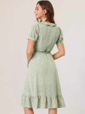 Allegra K Women's Floral Ruffle V Neck Tie Short Sleeve Wrap Midi Dresses 4 Allegra K Women's Floral Ruffle V Neck Tie Short Sleeve Wrap Midi Dresses - Image 4