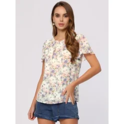Allegra K Women's Flutter Sleeve Pleated Neckline Casual Chiffon Floral Blouse -Allegra K GUEST 25e084a0 300e 40e9 8fd7 562c78244651