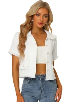 Allegra K Women's Tweed Shirt With Tassel Cropped Length Summer Short Sleeve Shirt -Allegra K GUEST 265bdcc8 88f5 4439 813e dc71040fd965