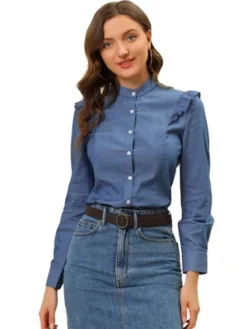 Allegra K Women's Chambray Stand Collar Ruffled Denim Button Down Shirts -Allegra K GUEST 26734d92 57db 47c1 9405 ab1bae9fbd62