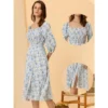 Allegra K Women's Ditsy Floral Square Neck Puff Sleeve Peasant Split Midi Dresses