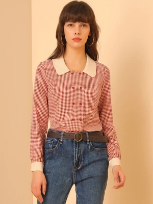 Allegra K Women's Contrast Peter Pan Collar Blouse Gingham Long Sleeve Button Front Shirt 1 Allegra K Women's Contrast Peter Pan Collar Blouse Gingham Long Sleeve Button Front Shirt