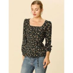 Allegra K Women's Floral Print Belted Waist Square Neck Vintage Peplum Blouse