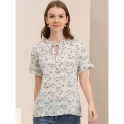 Allegra K Women's Floral Tie Neck Ruffle Short Sleeves Peasant Blouse Top -Allegra K GUEST 27ea5279 5478 4f39 a0a5 35e015cbc182