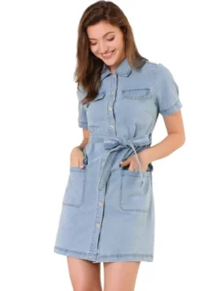 Allegra K Women's Jean Casual Collared Belted Button Down Denim Shirt Dress -Allegra K GUEST 2837b1ac 2aca 45b8 8446 de2df86cc4a3