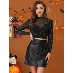Allegra K Women's Mesh Crop Stars Mock Neck Party See Through Blouse