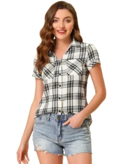 Allegra K Women's Point Collar Short Sleeve Button Down Plaid Shirt -Allegra K GUEST 28a803c3 0e72 4bcc ad0b bcb944e87221
