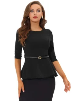 Allegra K Women's 3/4 Sleeve Belted Elegant Business Work Peplum Top -Allegra K GUEST 29d88218 a5b7 460b 8c1c ee3bff84988b