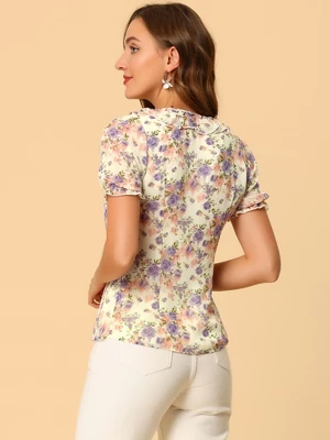 Allegra K Women's Ruffle V Neck Puff Short Sleeve Floral Blouse 2 Allegra K Women's Ruffle V Neck Puff Short Sleeve Floral Blouse - Image 2