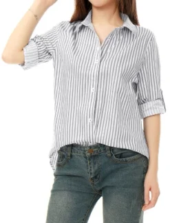 Allegra K Women's Striped Button Down Roll-up Long Sleeves Point Collar Shirt -Allegra K GUEST 2a64aba1 eacd 4b0a a45b 261adb989573