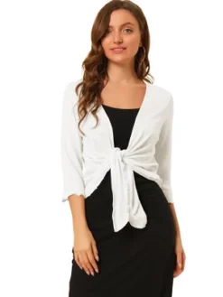 Allegra K Women's Open Front Self Tie Lightweight 3/4 Sleeve Shrug Cardigan -Allegra K GUEST 2a688d65 a5b5 4778 80ef 36941e27022b
