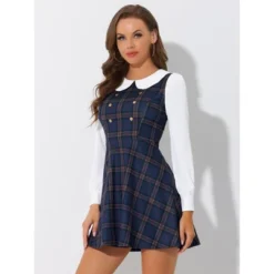 Allegra K Women's Plaid Peter Pan Collar Long Sleeve Mini A-Line Dress