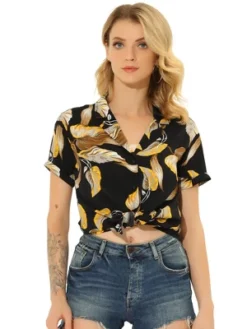 Allegra K Women's Hawaiian Floral Leaves Printed Short Sleeve Button Down Vintage Beach Shirt -Allegra K GUEST 2bb87bb4 f93f 40a6 ba89 ca86448e2016
