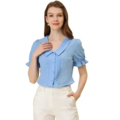 Allegra K Women's Pleated Short Sleeve V Neck Button Down Shirts -Allegra K GUEST 2bc872d5 8601 4a6c bbd3 92742824b15e