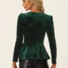 Allegra K Velvet Blouse For Women's Elegant V Neck Long Sleeves Peplum Blouses