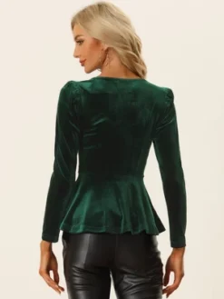 Allegra K Velvet Blouse For Women's Elegant V Neck Long Sleeves Peplum Blouses