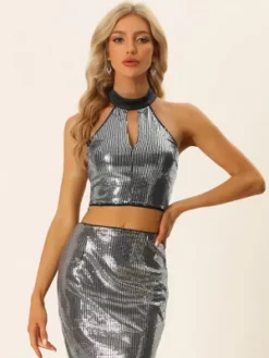 Allegra K Sequin Crop Top For Women's Halter Neck Cutout Shiny Party Top -Allegra K GUEST 2e0a5029 ee1d 4aad 828d c695b3af2535