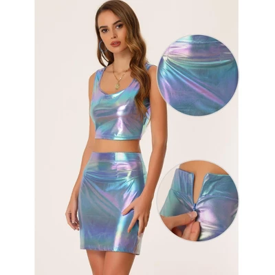 Allegra K Women's Metallic Shiny Holographic Bodycon Mini Skirt 1 Allegra K Women's Metallic Shiny Holographic Bodycon Mini Skirt