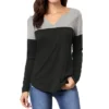 Allegra K Women's Color Block Stretch Split V-Neck T-Shirt