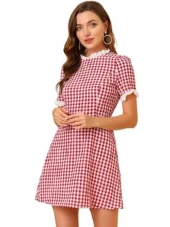 Allegra K Women's Summer Ruffle Neck Lace Panel Short Sleeve Check Gingham Dress -Allegra K GUEST 2e851c11 7b37 4c47 829d adc6a15239ce