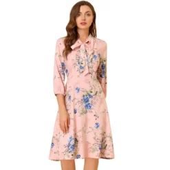Allegra K Women's Floral Tie Neck 3/4 Sleeve Office Work Midi Flowy Flare Dress -Allegra K GUEST 2ea6cecd 7d9c 4d90 a698 c2aa7c44314a